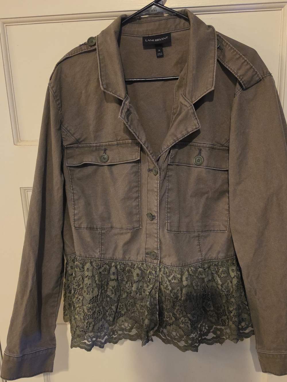 Lane Bryant Olive Green Military Lace-Trim Utility Jacket